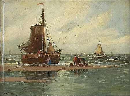 ''Dutch Fishing Boat Scene from the Beach'' by Hans Wacker-Elsen - Auction record, sale price, and art valuation. Compare with similar artists and explore comparable artworks.