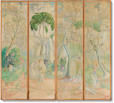 Painted screen - "Romance" (In four sections) by Albert Rutherston - Auction record, sale price, and art valuation. Compare with similar artists and explore comparable artworks.