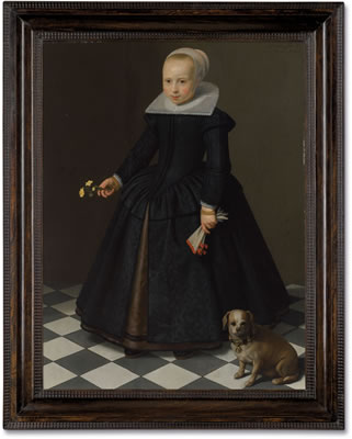 Portrait of a girl, full-length, in a black dress, holding a glove and some buttercups, with a dog by Dirck Dircksz - Auction record, sale price, and art valuation. Compare with similar artists and explore comparable artworks.