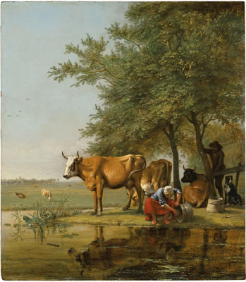 Landscape with cattle and a woman cleaning a bucket by a stream by Paulus Potter - Auction record, sale price, and art valuation. Compare with similar artists and explore comparable artworks.