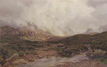 Extensive mountain landscape with cattle by Percy Dixon - Auction record, sale price, and art valuation. Compare with similar artists and explore comparable artworks.