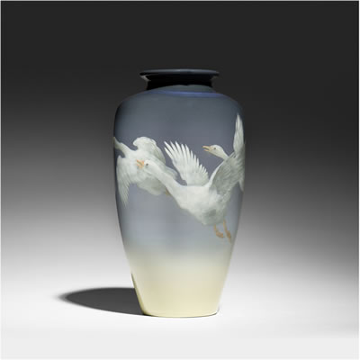Exceptional and large Iris Glaze vase with flying geese by Albert Robert Valentien - Auction record, sale price, and art valuation. Compare with similar artists and explore comparable artworks.