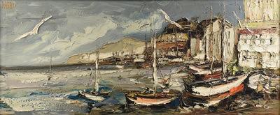 "Moored Sailboats on a Village Coastline," 1972 by Jim Howard Rabby - Auction record, sale price, and art valuation. Compare with similar artists and explore comparable artworks.