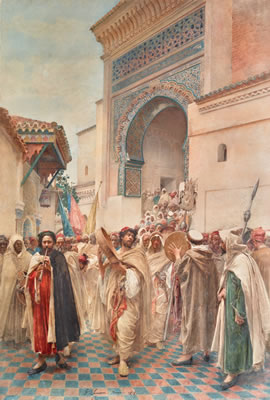 CELEBRATION OUTSIDE THE MOSQUE OF SIDI BOUMEDIENE, TLEMCEN by Gustavo Simoni - Auction record, sale price, and art valuation. Compare with similar artists and explore comparable artworks.