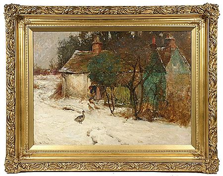 Woman Feeding Ducks in Winter, Irish Farmhouse by Claude Hayes - Auction record, sale price, and art valuation. Compare with similar artists and explore comparable artworks.