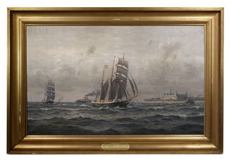 Helsingor, Denmark, Two Topsail Schooners and a Ferry Pass Kronborg Castle, (the model for Shakespeare's Elsinore of Hamlet) by Christian Benjamin Olsen - Auction record, sale price, and art valuation. Compare with similar artists and explore comparable artworks.