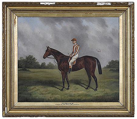 Portrait of the Racehorse Angelina, Winner of the Great Tom Stakes, 1897, with American jockey "Tod" Sloane (1874-1933) up by Joshua Dighton - Auction record, sale price, and art valuation. Compare with similar artists and explore comparable artworks.