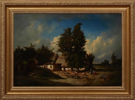 "Country Cottage with Figures and Animals," 1850 by James Bourne - Auction record, sale price, and art valuation. Compare with similar artists and explore comparable artworks.