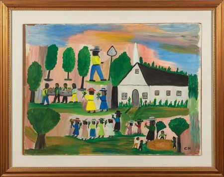 Sample artwork by Clementine Reuben Hunter (1887 - 1988), known for southern plantation folk art genre and landscape painting - View similar artists and auction records
