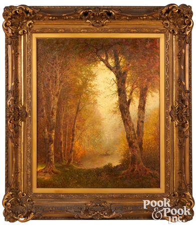 Autumn landscape of a fisherman on a lake by Thomas Lochlan Smith - Auction record, sale price, and art valuation. Compare with similar artists and explore comparable artworks.