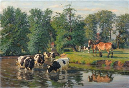 Trinkendes Weidevieh und Pferde an der Röder bei Schloss Zabeltitz (Sachsen) by Willy Tag - Auction record, sale price, and art valuation. Compare with similar artists and explore comparable artworks.