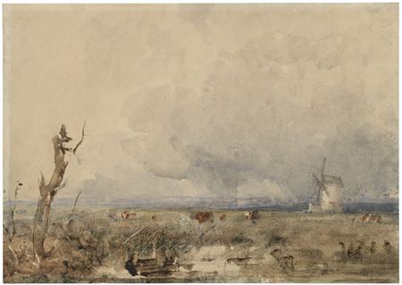 A watermeadow with cattle and a windmill, a passing shower (recto); sketch of a church and a tower among trees (verso) by Thomas Lound - Auction record, sale price, and art valuation. Compare with similar artists and explore comparable artworks.