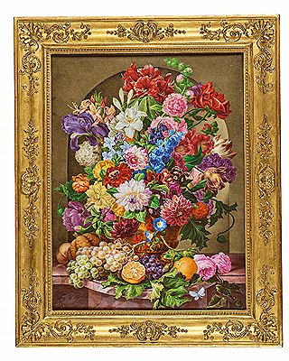 Large representative porcelain picture with rich flower and fruit painting by Joseph Nigg - Auction record, sale price, and art valuation. Compare with similar artists and explore comparable artworks.