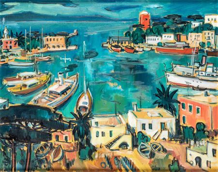 Blick auf Ischia Porto mit bunten Fischerbooten und Segelschiffen by Helmut Muller-Wiehl - Auction record, sale price, and art valuation. Compare with similar artists and explore comparable artworks.