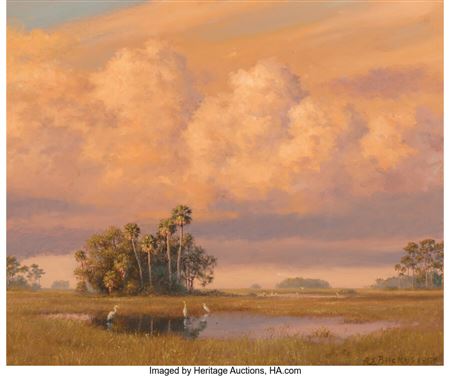 Sunset on the Marsh, Florida by Albert Ernest (Beanie) Backus - Auction record, sale price, and art valuation. Compare with similar artists and explore comparable artworks.