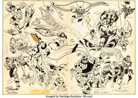 John Byrne, Bill Sienkiewicz, Michael Golden, and Many Other Artists - Fantastic Four Roast #1 Double-Page Jam Pin-Up Original Art (Marvel, 1982) by Bill Sienkiewicz - Auction record, sale price, and art valuation. Compare with similar artists and explore comparable artworks.