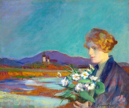 Woman with a Bouqet of Flowers, Felsobánya in the Backround, 1928 by Janos Thorma - Auction record, sale price, and art valuation. Compare with similar artists and explore comparable artworks.