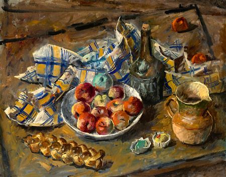 Studio Still Life with Challah, Desserts and Fruits, 1941 by Andor Basch - Auction record, sale price, and art valuation. Compare with similar artists and explore comparable artworks.