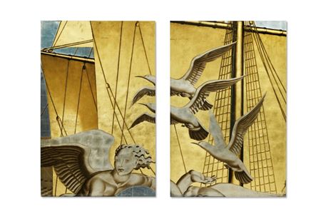 Two Panels from "The Birth of Aphrodite" Mural from the Grand Salon of the S.S. Normandie by Jean Theodore Dupas - Auction record, sale price, and art valuation. Compare with similar artists and explore comparable artworks.