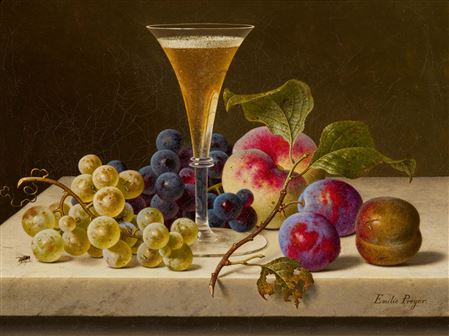 Still Life with Grapes, Peach, Plums and a Champagne Flute by Emilie Preyer - Auction record, sale price, and art valuation. Compare with similar artists and explore comparable artworks.