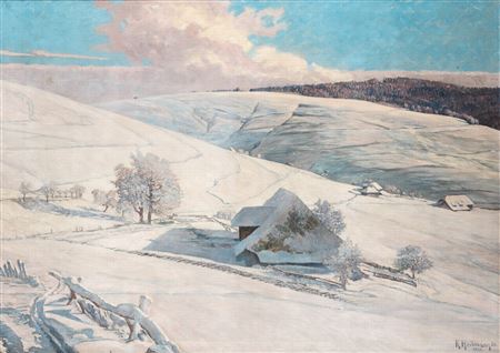 In the evening light, the snow-covered Black Forest landscape on the slag heap with ski tracks and a view of the Rosshang. by Karl Heilmann - Auction record, sale price, and art valuation. Compare with similar artists and explore comparable artworks.