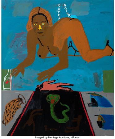Sample artwork by Danny Fox (Born 1986), known for vibrant, expressive paintings blending raw emotion with coastal upbringing, featuring recurring motifs like horses and exploring themes of sexuality, violence, and identity. - View similar artists and auction records