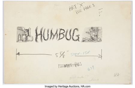 Arnold Roth Humbug #1 Masthead/Logo Illustration Original Art (Humbug Publications, 1957) by Arnold Roth - Auction record, sale price, and art valuation. Compare with similar artists and explore comparable artworks.