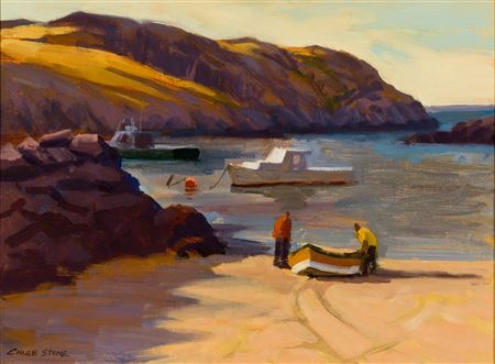 "Fish Beach, Monhegan" by Caleb Stone - Auction record, sale price, and art valuation. Compare with similar artists and explore comparable artworks.
