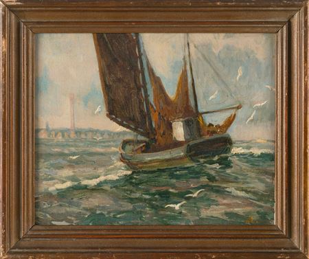 Fishing boat off the Pilgrim Monument, Provincetown, Massachusetts. by Albert Edel - Auction record, sale price, and art valuation. Compare with similar artists and explore comparable artworks.