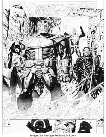 Infinity #6 Story Page 9 and Marvel-Verse: Thanos Trade Paperback Cover Original Art (Marvel, 2014 and 2019) by Jimmy Cheung - Auction record, sale price, and art valuation. Compare with similar artists and explore comparable artworks.