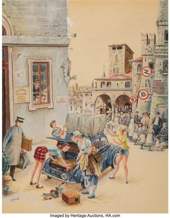 Coed Tourists in Italy, The Saturday Evening Post cover, August 2, 1958 by Constantin Alajalov - Auction record, sale price, and art valuation. Compare with similar artists and explore comparable artworks.