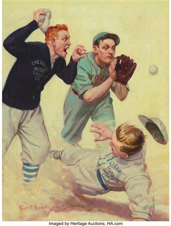 A Close Call (Ford vs. Chevy), Motor magazine cover by Robert Bernard Robinson - Auction record, sale price, and art valuation. Compare with similar artists and explore comparable artworks.