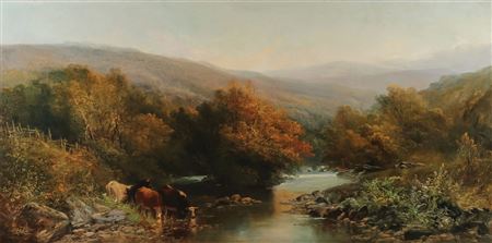 Cattle Watering in an Expansive Landscape by William Widgery - Auction record, sale price, and art valuation. Compare with similar artists and explore comparable artworks.