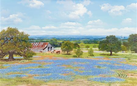 Bluebonnet Landscape with Barn and Longhorns by William Slaughter - Auction record, sale price, and art valuation. Compare with similar artists and explore comparable artworks.