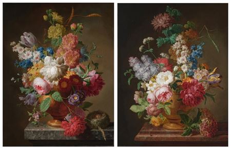 Still Life of Roses, Peonies, Daffodils, Tulips, and Other Flowers on a Marble Ledge with a Bird's Nest; ﻿Still Life of Roses, Tulips, Peonies, Daffodils, Hyacinths, Hortensias, and Other Flowers in a Vase on a Marble Ledge with Insects by Pieter Faes - Auction record, sale price, and art valuation. Compare with similar artists and explore comparable artworks.