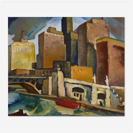 Untitled (Bridge, Boat and Buildings) by Eve Garrison - Auction record, sale price, and art valuation. Compare with similar artists and explore comparable artworks.