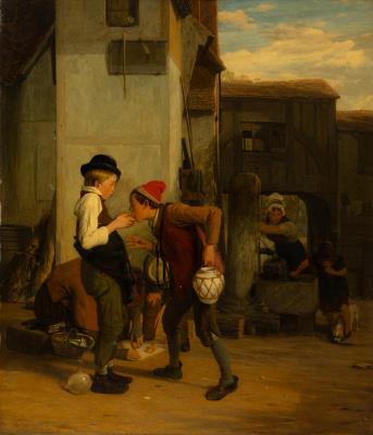 Lending a bite by William Mulready - Auction record, sale price, and art valuation. Compare with similar artists and explore comparable artworks.