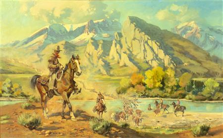 Sample artwork by Harold Hopkinson (1918 - 2000), known for realist western scene painting, indians on horseback, female figures, cowboys - View similar artists and auction records