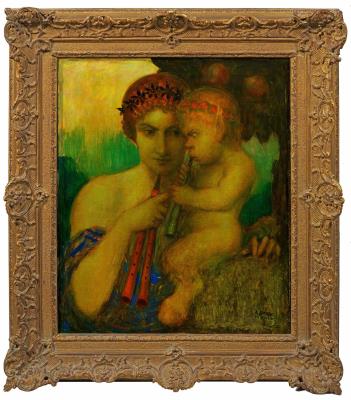 Bacchante making music and faun boy with aulis and flute by Adolf Frey-Moock - Auction record, sale price, and art valuation. Compare with similar artists and explore comparable artworks.