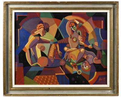Sample artwork by Joseph Popczyk (1890 - 1971), known for cubist painting of jazz dancers, figures on ships and seaside - View similar artists and auction records
