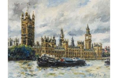 London with Thames barge and Houses of Parliament by David Griffiths - Auction record, sale price, and art valuation. Compare with similar artists and explore comparable artworks.