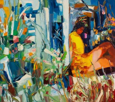 A young woman in yellow lounges in a garden by Sidney Smiley - Auction record, sale price, and art valuation. Compare with similar artists and explore comparable artworks.