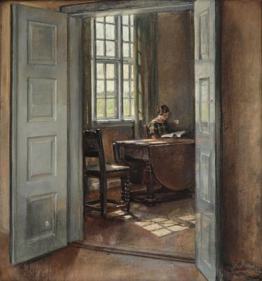 An interior with a woman reading in the sunlight by a window by Aage Lund - Auction record, sale price, and art valuation. Compare with similar artists and explore comparable artworks.