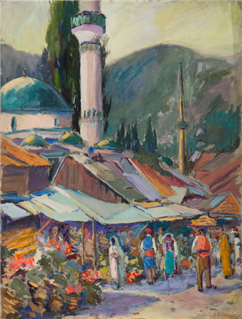 Market Scene with Minaret, Sarajevo