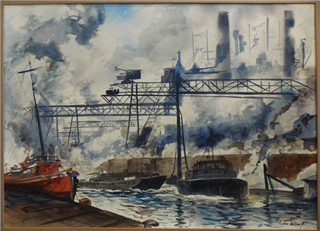 John Whorf watercolor 20 x 30 "Brooklyn Navy Yard", New York, New York