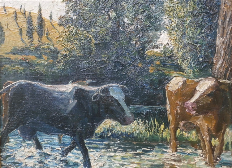 Pastoral Landscape with Cows, Stream & Hill - Image 2 of 4