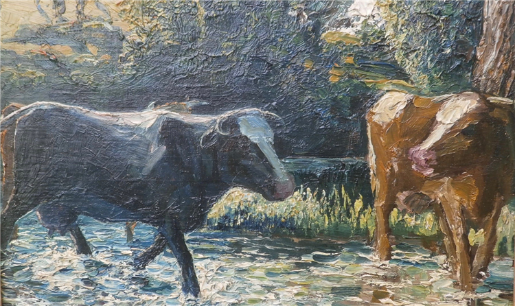 Pastoral Landscape with Cows, Stream & Hill - Image 3 of 4
