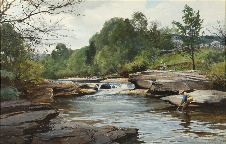 OGDEN M. PLEISSNER
American, 1905-1983
June Fishing
Signed
Watercolor on paper
18 x 28 inches