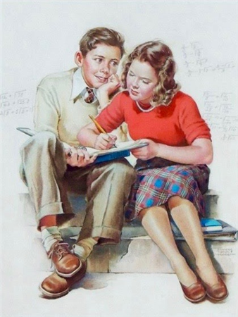 Girl Helping Admiring Boy with his Math Homework - Image 1 of 3