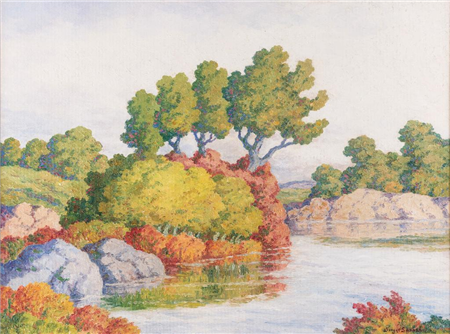 Birger Sandzen (1871-1954) "Autumn" 36" x 48" oil on board Signed lower right Verso: Titled, "Smoky River Hill, Birger Sandzen, Lindsborg, Kans. 1952". Provenance: Ex Bokelman Collection. SOLD 2018 March in Montana